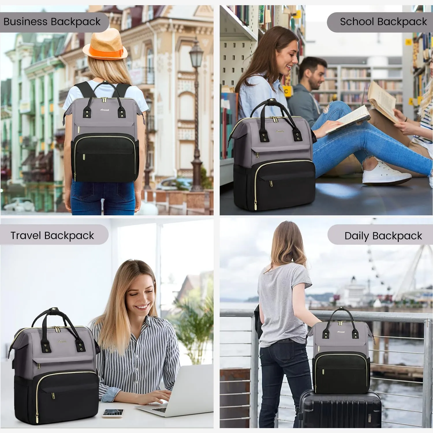 LOVEVOOK Laptop Backpack Purse for Women, Large Travel Work Bags with 17-Inch Laptop Pocket, Fashion Business Computer Backpacks with USB Port, Teacher Doctor Nurse Backpack, Purple Gray-Black