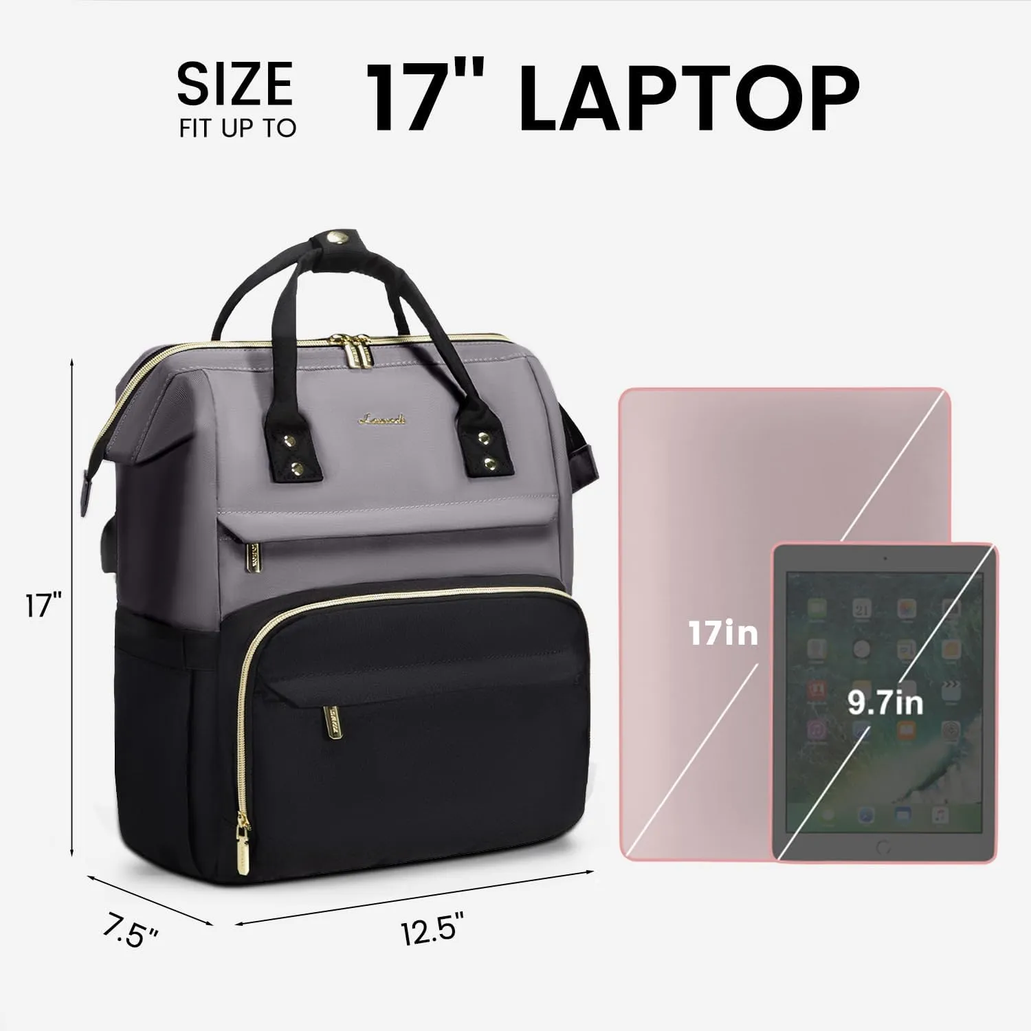 LOVEVOOK Laptop Backpack Purse for Women, Large Travel Work Bags with 17-Inch Laptop Pocket, Fashion Business Computer Backpacks with USB Port, Teacher Doctor Nurse Backpack, Purple Gray-Black