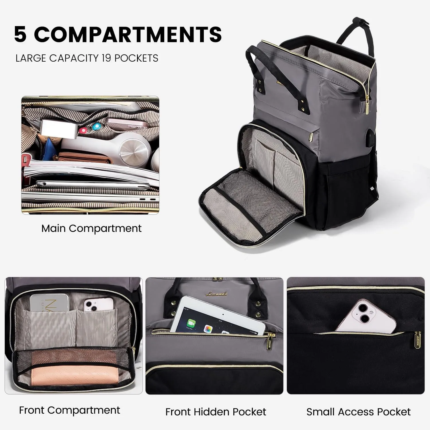 LOVEVOOK Laptop Backpack Purse for Women, Large Travel Work Bags with 17-Inch Laptop Pocket, Fashion Business Computer Backpacks with USB Port, Teacher Doctor Nurse Backpack, Purple Gray-Black