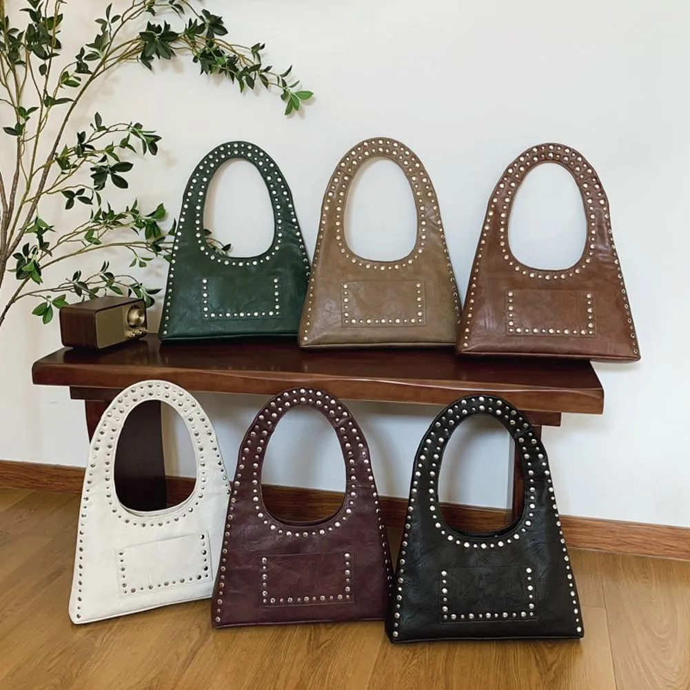 Molodo PU Leather Hobo Bag for Women Vintage Studded Tote Bag Handbag Trendy Shoulder Bag Punk Streetwear Handbag Purse