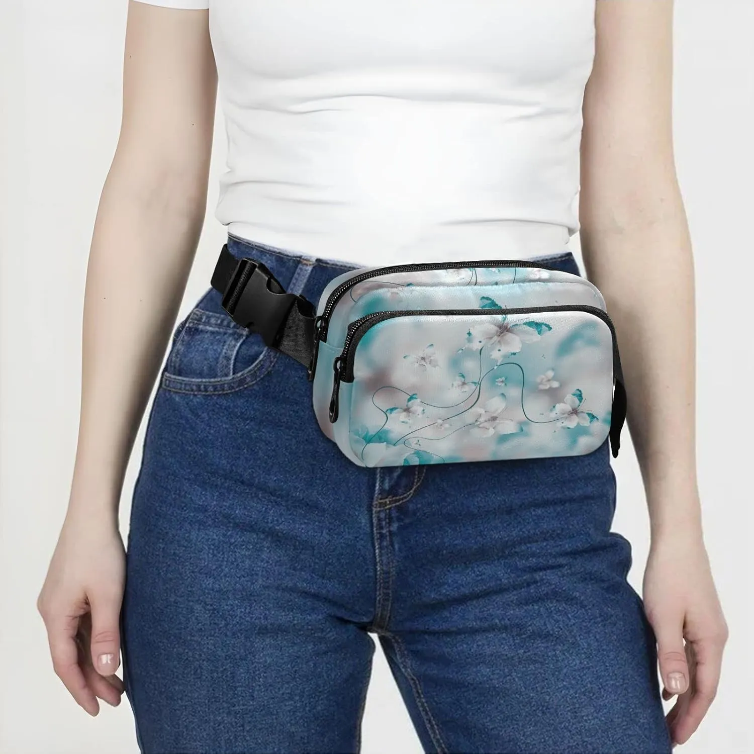 Oyihfvs Butterfly Fairy Flowers Adjustable Fanny Waist Pack Pouch, Waterproof Runners Sports Waist Pack Wallet for Sports Hiking Fitness Cycling Gym Women Men