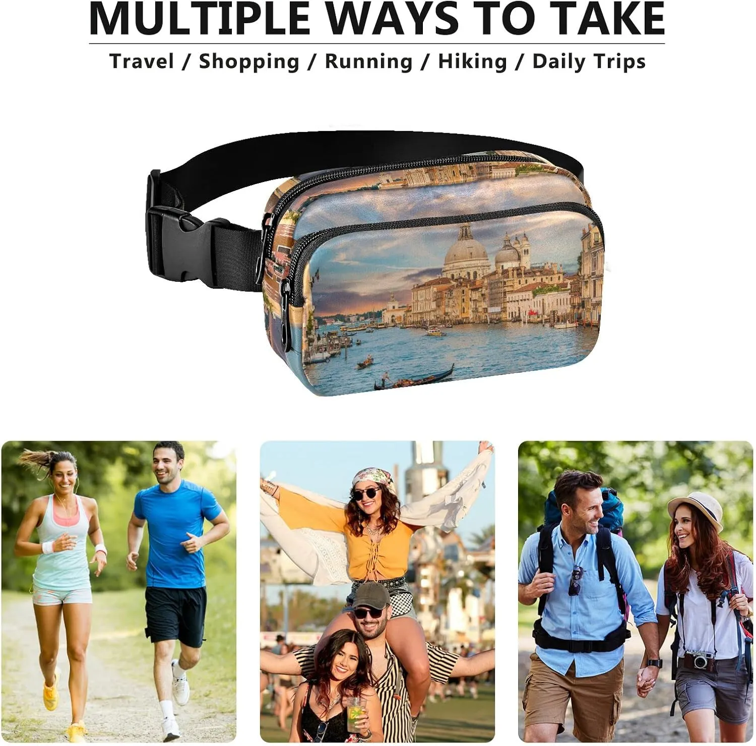 Oyihfvs Canal in Venice Italy Adjustable Fanny Waist Pack Pouch, Waterproof Runners Sports Waist Pack Wallet for Sports Hiking Fitness Cycling Gym Women Men