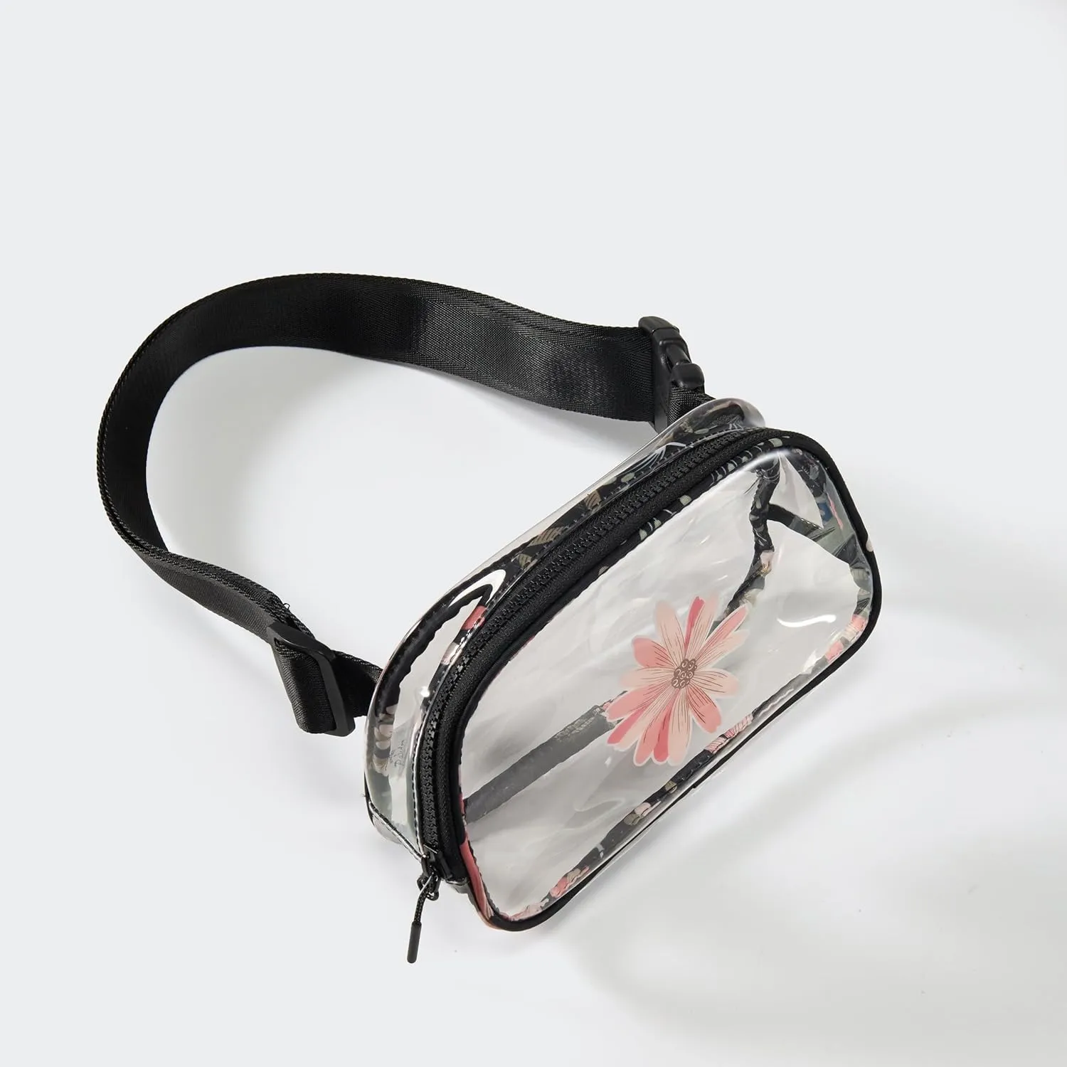Pander Clear Small Belt Bag with Nylon Fabric Trim - Perfect for Game Day, Ballgame, Stadium Events Essentials - Black/Floral