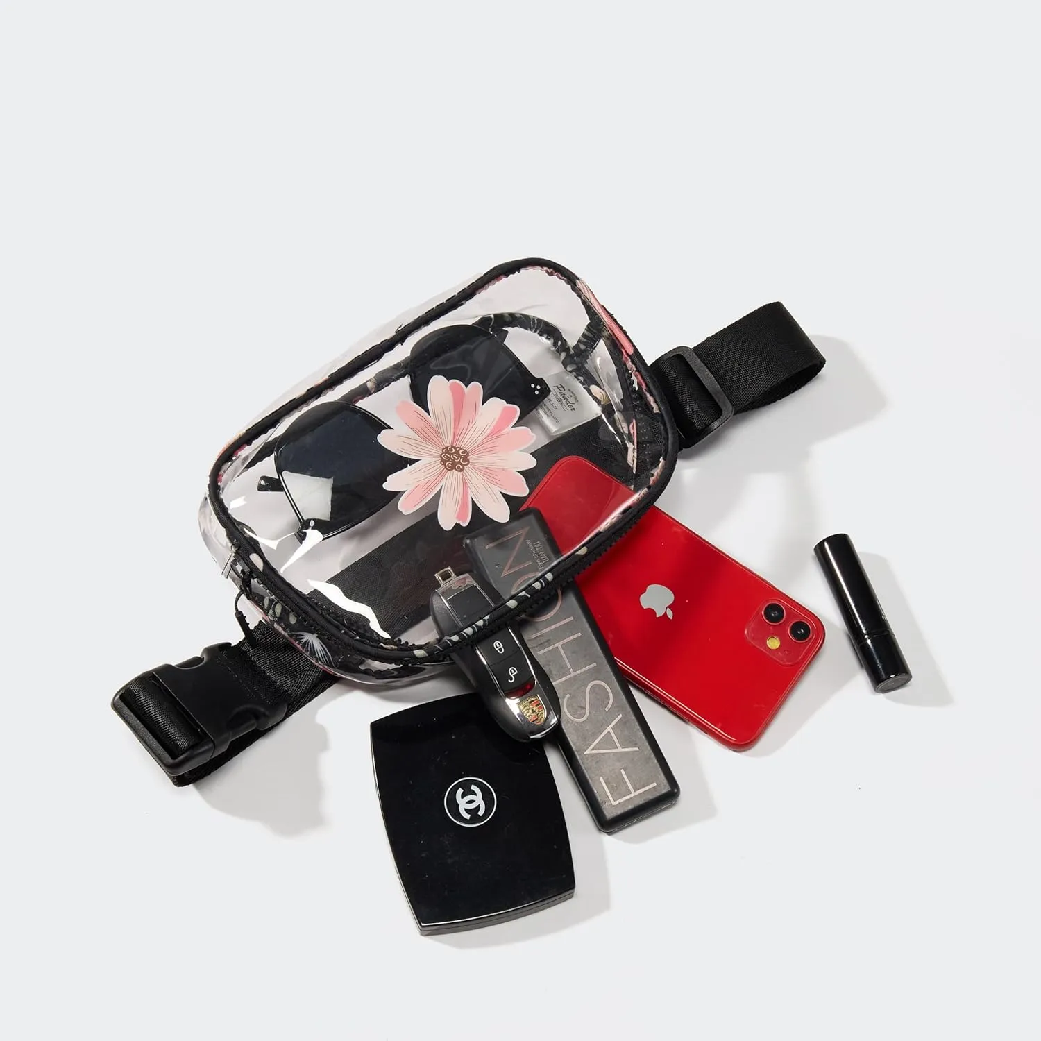Pander Clear Small Belt Bag with Nylon Fabric Trim - Perfect for Game Day, Ballgame, Stadium Events Essentials - Black/Floral