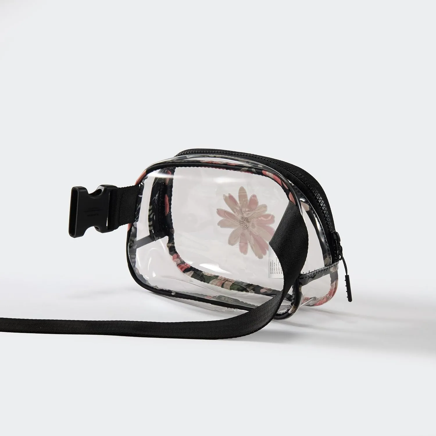Pander Clear Small Belt Bag with Nylon Fabric Trim - Perfect for Game Day, Ballgame, Stadium Events Essentials - Black/Floral