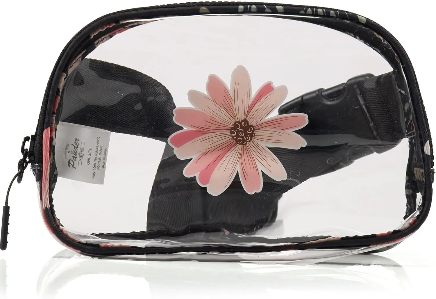 Pander Clear Small Belt Bag with Nylon Fabric Trim - Perfect for Game Day, Ballgame, Stadium Events Essentials - Black/Floral