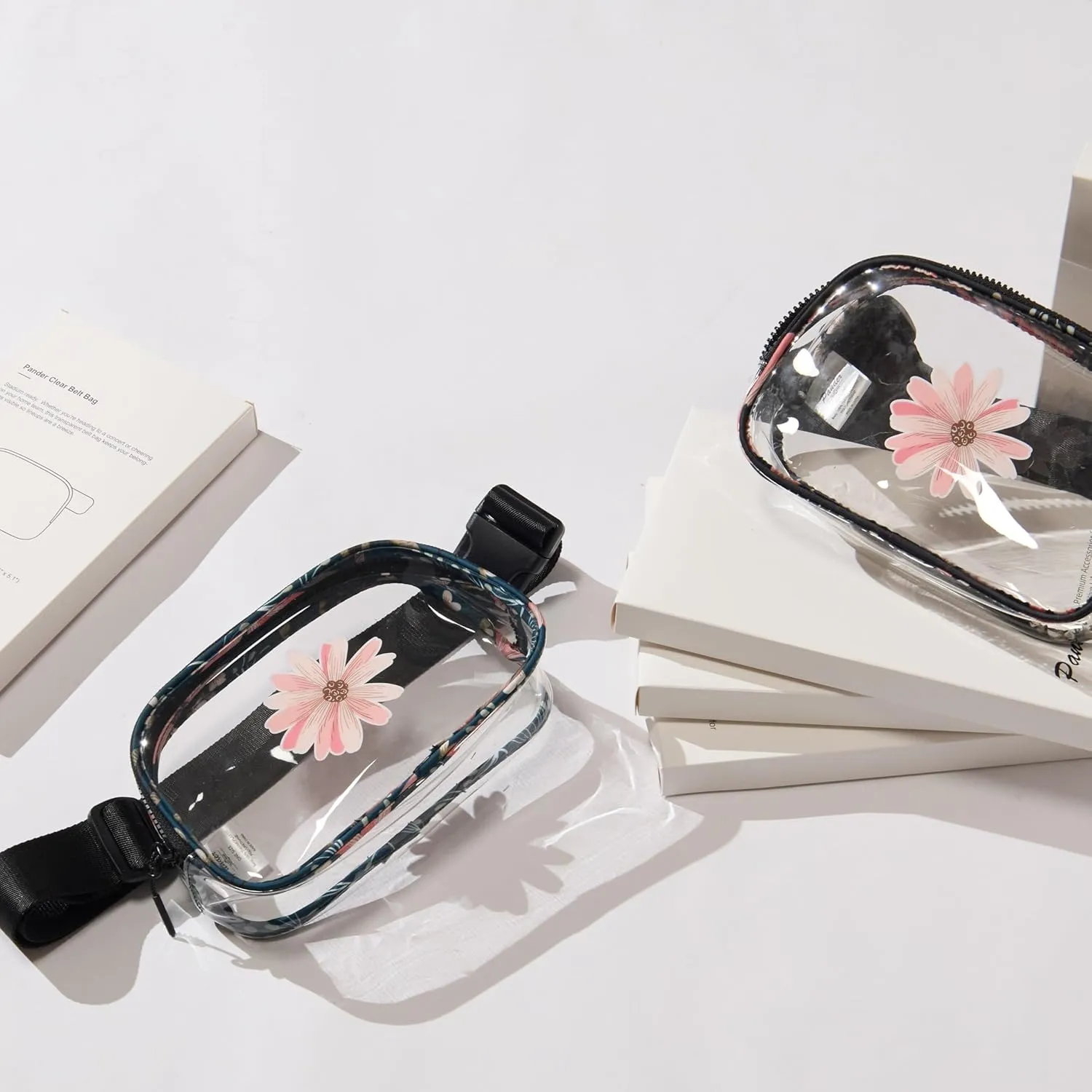 Pander Clear Small Belt Bag with Nylon Fabric Trim - Perfect for Game Day, Ballgame, Stadium Events Essentials - Black/Floral