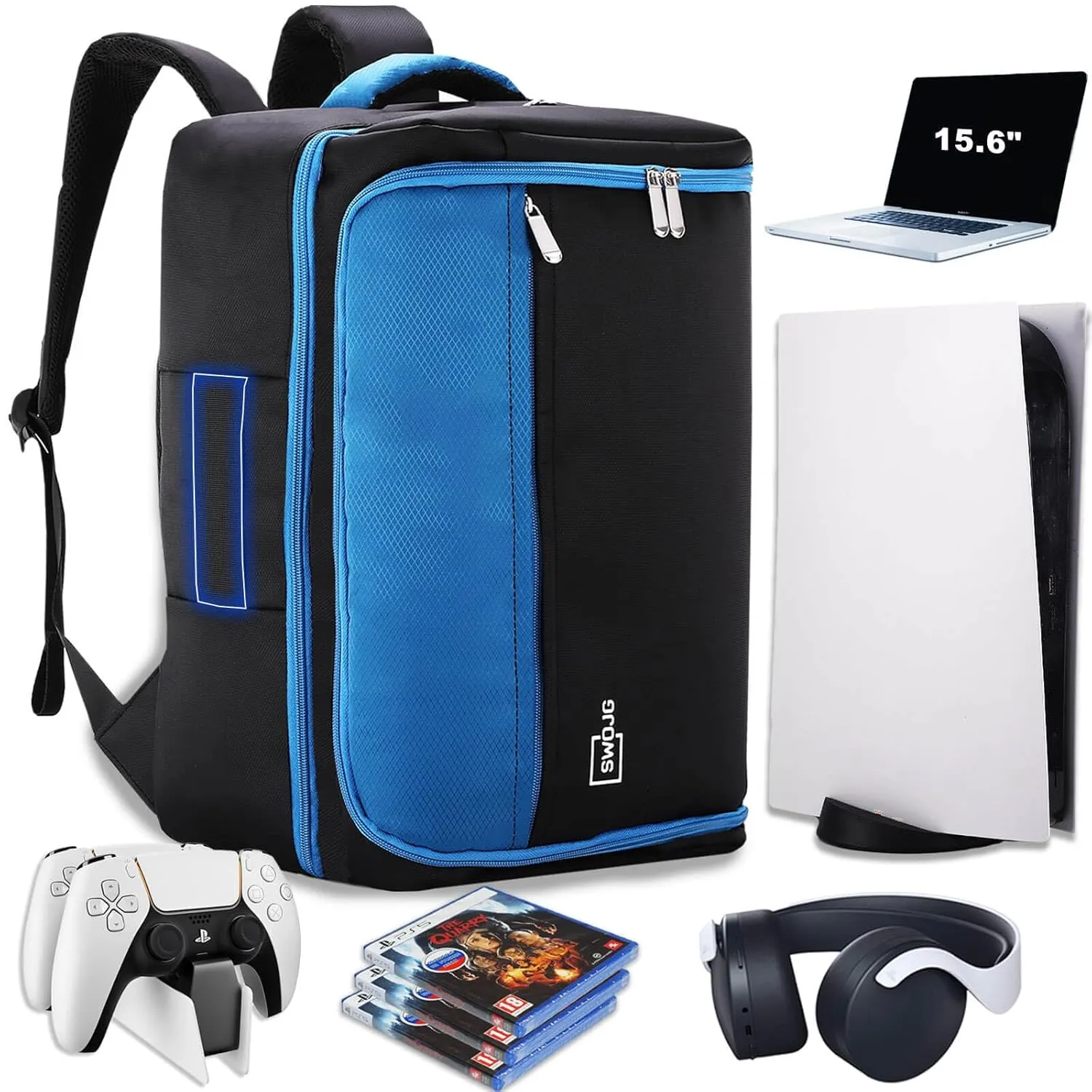 PS5 Backpack Travel Bag Slim - 15.6" PS5 Backpack Bag, PS5 Carrying Case Travel Bag, PS5 Backpack Compatible with Playstation 5 Disc/Digital/Slim Edition Console, Controller, Base, Game Discs, Laptop