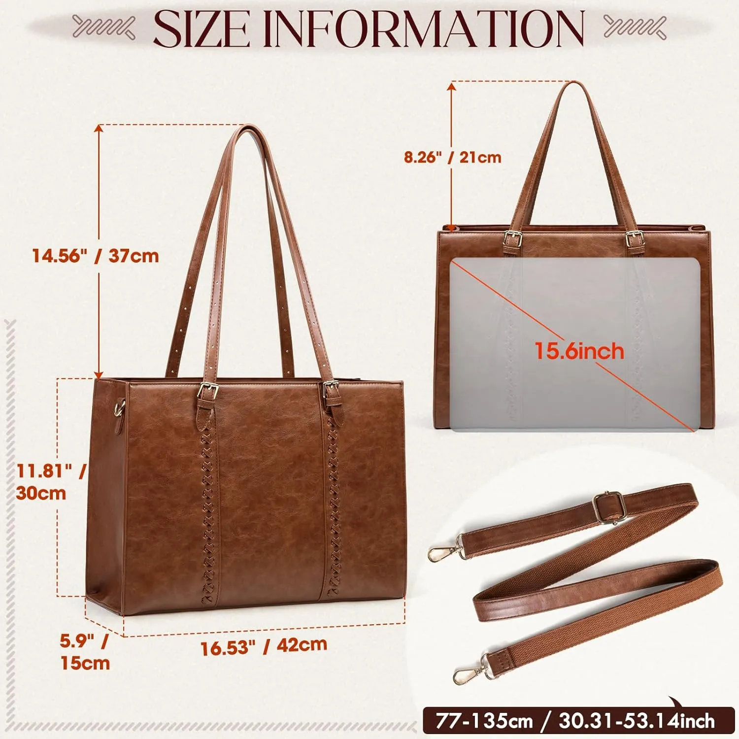 RAINSMORE Laptop Bag for Women, 15.6 inch Laptop Tote Bag PU Leather Computer Work Bag Lightweight Shoulder Handbags, Brown