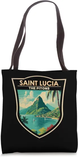 Saint Lucia The Pitons Travel Art Landmark Badge Vintage Tote Bag