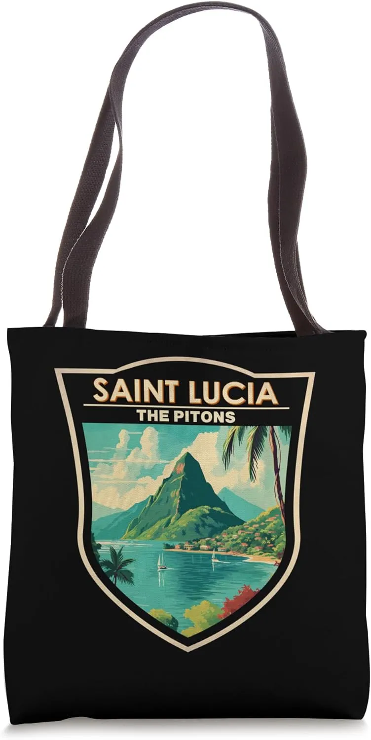 Saint Lucia The Pitons Travel Art Landmark Badge Vintage Tote Bag