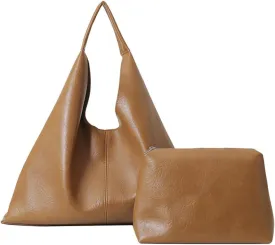 Slouchy Hobo Bags for Women Tote Bag Retro PU Leather Crossbody Bag Soft Shoulder Purses Handbags Large Capacity 2pcs, B Brown
