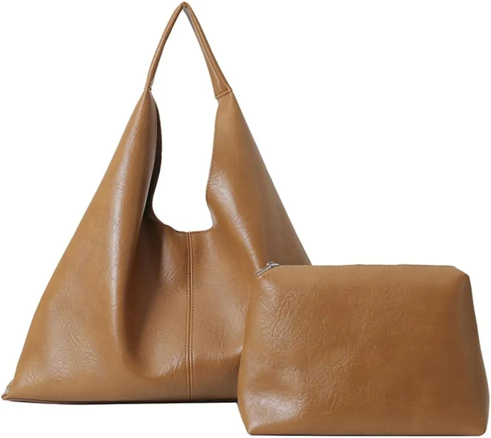 Slouchy Hobo Bags for Women Tote Bag Retro PU Leather Crossbody Bag Soft Shoulder Purses Handbags Large Capacity 2pcs, B Brown