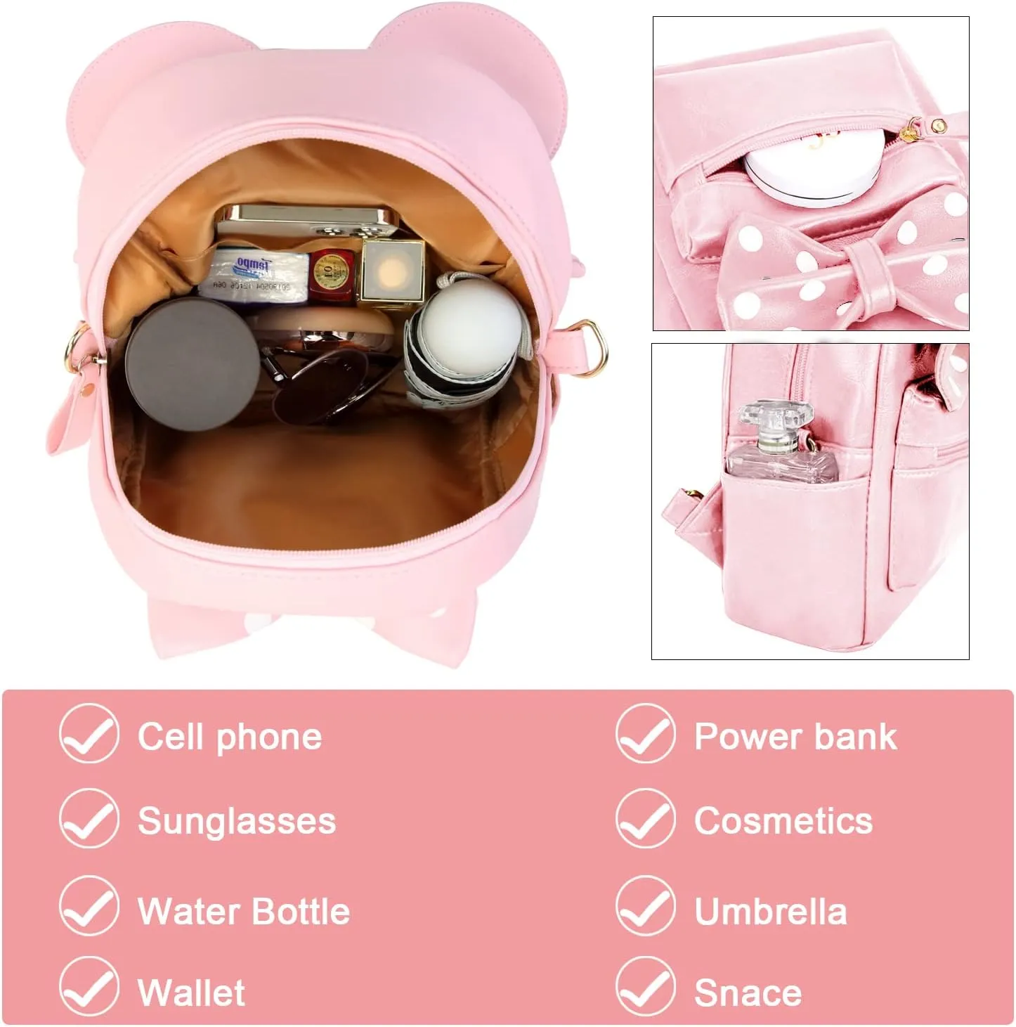 Sunwel Fashion Girls Mini Backpack Purse Mouse Ear Polka-dot Sequin Bow Convertible Backpack to Crossbody Bag for Women (pink polkadot bow, W8.7 x H10)