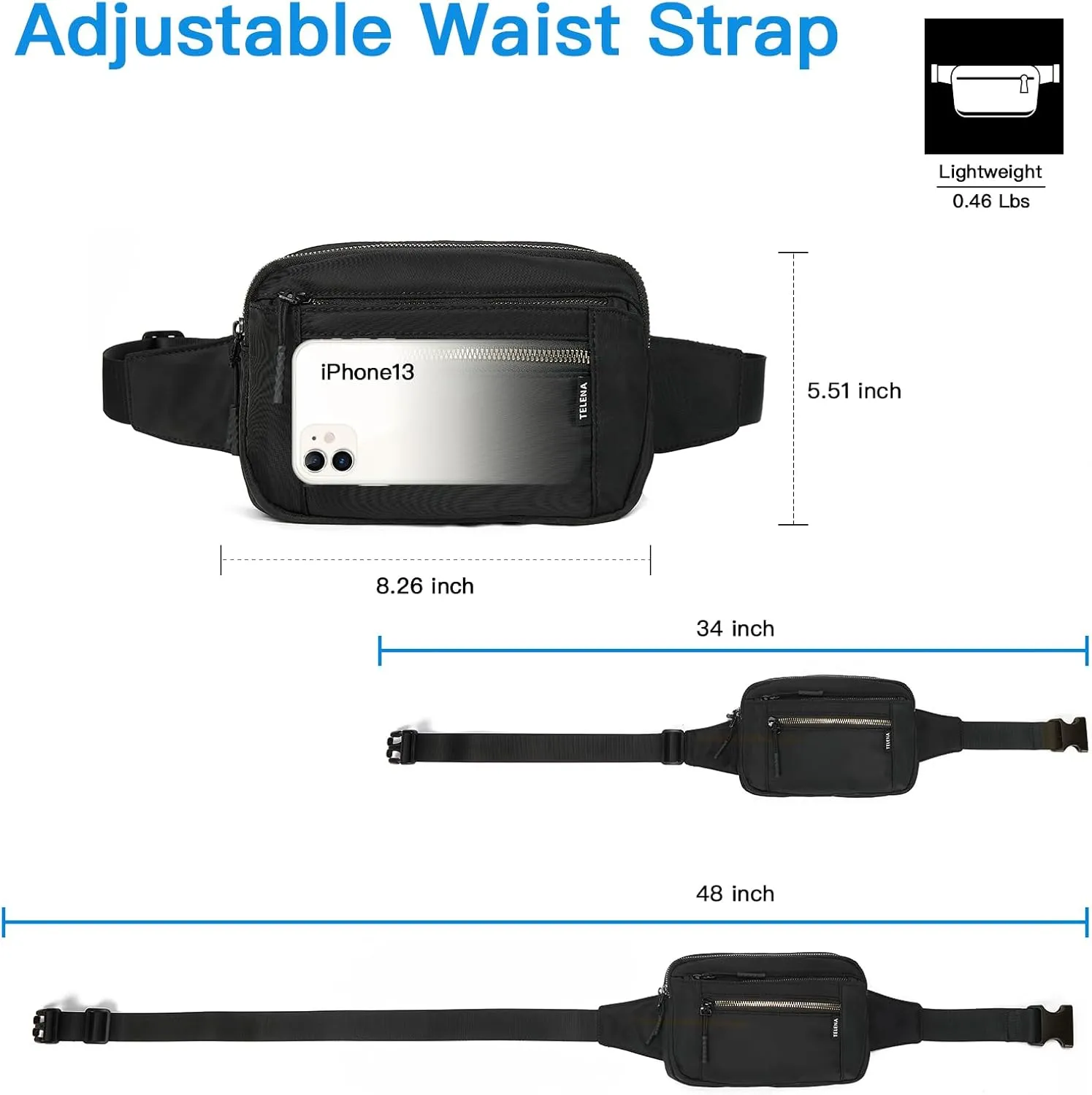 Telena Belt Bag for Women Fanny Pack Cross Body Bag Fashion Waist Pack with Adjustable Strap Black