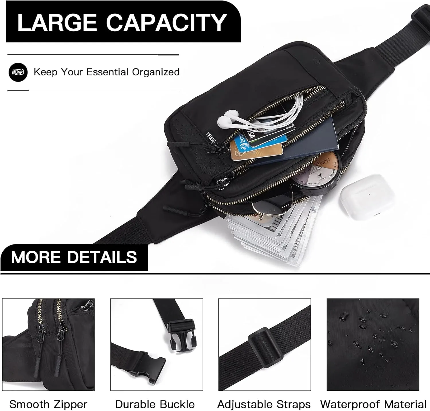 Telena Belt Bag for Women Fanny Pack Cross Body Bag Fashion Waist Pack with Adjustable Strap Black