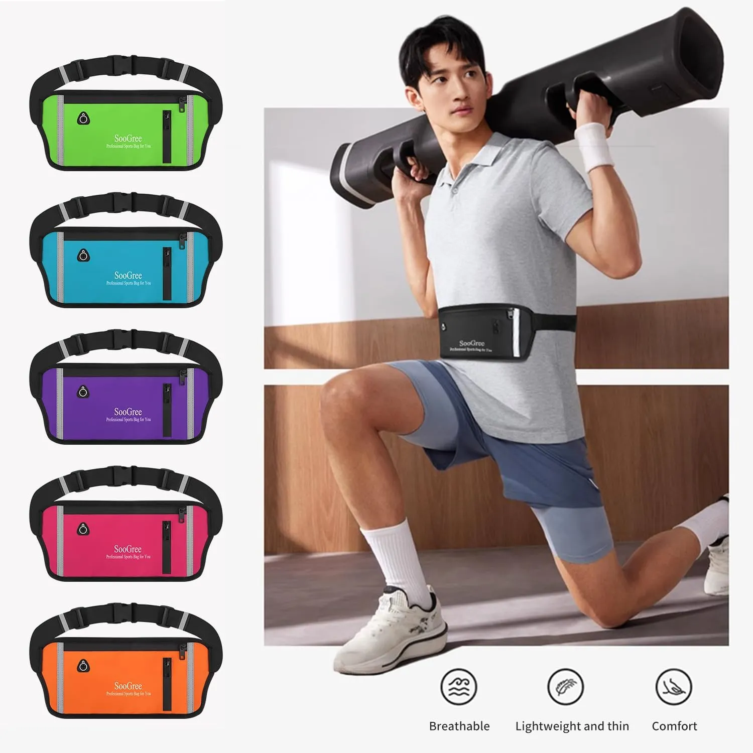 UltraSlim Fanny Packs for Women Men Slim Running Belt Waist Pack Runners Bag Waterproof Money Belt Phone Holder for Sports Hiking Traveling Walking Reflective Strip Adjustable Strap
