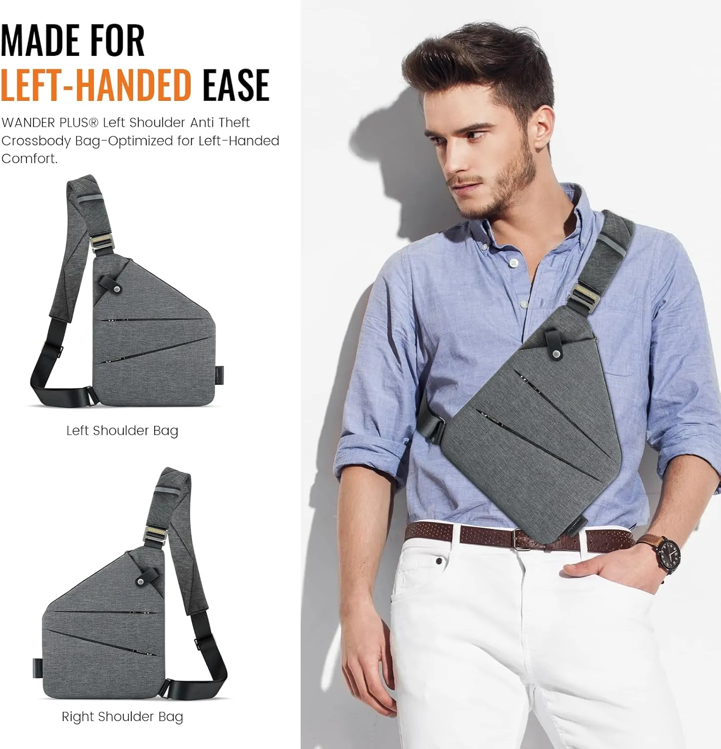 WANDER PLUS Left Shoulder Anti Theft Crossbody Travel Bag for Women Men, Slim Sling Bag with Adjustable Strap