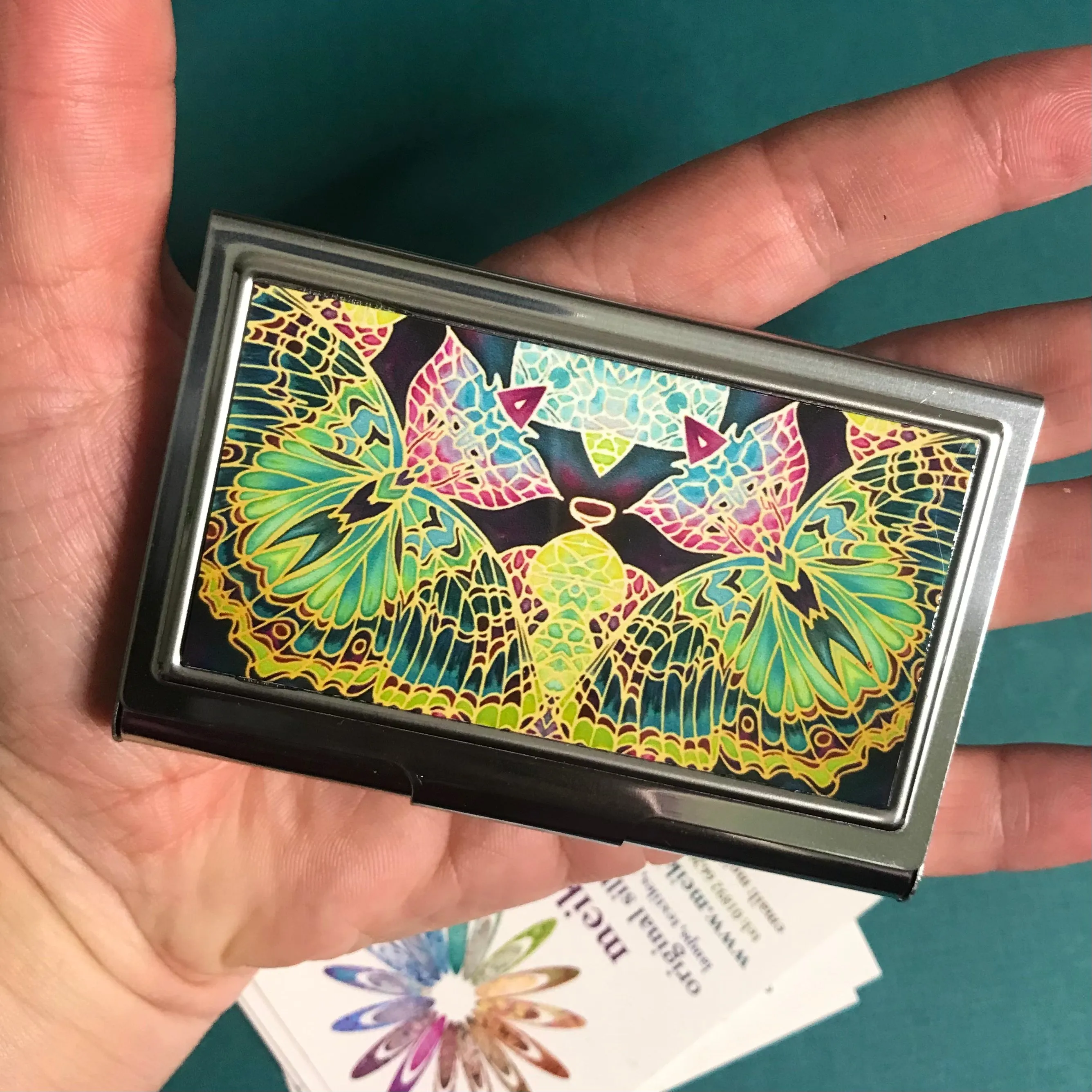 Warm Beaujolais and Green Butterfly Business Card Holder
